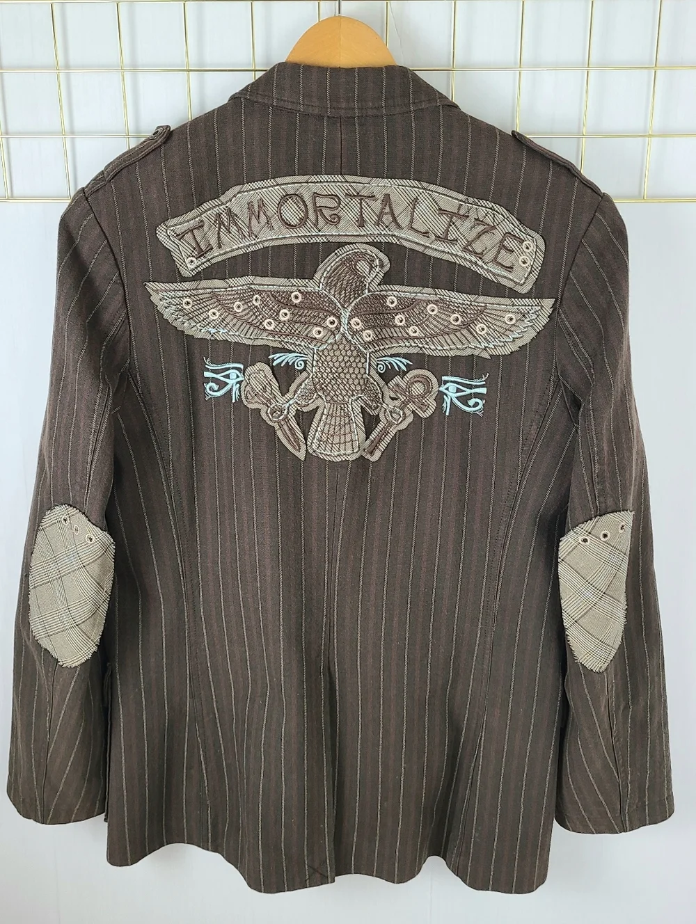 Marc Ecko Cut & Sew Y2K Brown Striped Military Graphic Blazer Sport Coat
